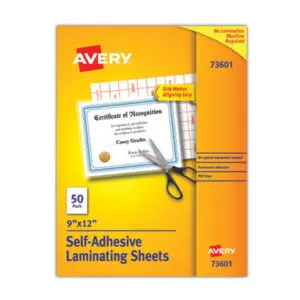 9 x 12 Sheets; Adhesive Laminating; Adhesive Laminating Film; AVERY; Cold; Laminating; Laminating Film; Laminating Sheets; Self-Adhesive; Self-Stick; Sleeves; Overlays; Veneers; Finishes; Coatings