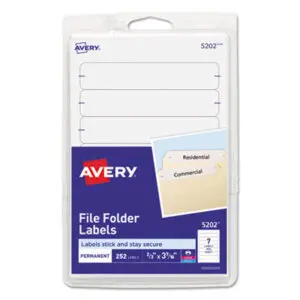 All White; File Folder; File Folder Label; Label Sheets; Labels; Permanent; Self-Adhesive; Typewriter; Identifications; Classifications; Stickers; Shipping; Receiving; Mailrooms; AVERY; AVEFF3WE