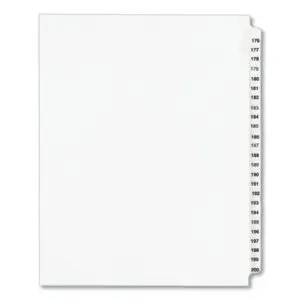 176-200 Tab Titles; 25 Tabs per Set; AVERY; Avery Style; Binder Index; Divider; Exhibit Index Dividers; Index Dividers; Indexes; Legal; Legal Exhibit Divider; Numerical; preprinted tabs; preprinted legal Tab Dividers; Recycled Product; Ring Binder Divider; Subject Divider; Tab; Tab Divider; Tabs; Unpunched; Recordkeeping; Filing; Systems; Cataloging; Classification