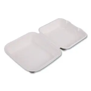 Compostable 8" Clamshell; To Go Containers; Square Takeout Food Box; Renewable Molded Fiber; Microwaveable & Freezable; Grease & Cut Resistant