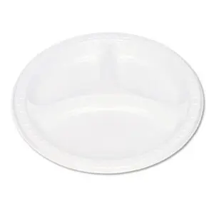 3-Compartment; Cafeteria; Dinnerware; Divided Plate; Food & Beverage Supplies; Kitchen Supplies; Plastic Plates; Plastic Tableware; Plate; Plates; TABLEMATE; Tableware; White; Table-Service; Dishes; Hospitality; Parties; Breakrooms; Kitchens