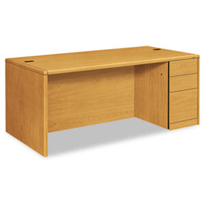 Office Furniture; 10700 Waterfall Edge Series; Desk; Desks; Single Pedestal; Harvest; Medium Oak; Oak; Office Suites; Rectangular; Wood; Wood Furniture; Wood Office Furniture; Workstation; Workstations; Writing-Table; Escritoire; Furniture; Laminate; Filing; File Drawer; Cord Management; Cord Grommets; L-Workstations; L-Stations; Full Pedestal; HON