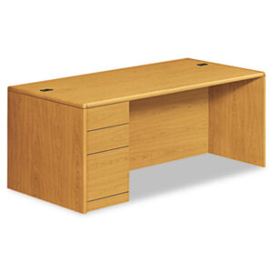 Office Furniture; 10700 Waterfall Edge Series; Desk; Desks; Single Pedestal; Harvest; Medium Oak; Oak; Office Suites; Rectangular; Wood; Wood Furniture; Wood Office Furniture; Workstation; Workstations; Writing-Table; Escritoire; Furniture; Laminate; Filing; File Drawer; Cord Management; Cord Grommets; L-Workstations; L-Stations; Full Pedestal; HON