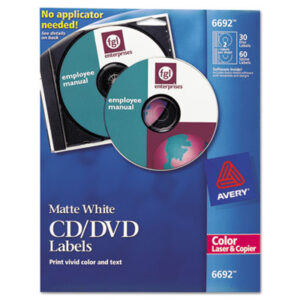 AVERY; CD-ROM; CDs; Computer Printer; Computers; DVDs; Electronic Media; Labels; Laser Printer; Matte; Media; Media Label; White; Stickers; Classifications; Identifications; Discs; Duplication; Replication; Burns