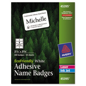 (AVE45395)AVE 45395 – EcoFriendly Adhesive Name Badge Labels, 3.38 x 2.33, White, 400/Box by AVERY PRODUCTS CORPORATION (50/BX)