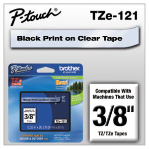 (BRTTZE121)BRT TZE121 – TZe Standard Adhesive Laminated Labeling Tape, 0.35" x 26.2 ft, Black on Clear by BROTHER INTL. CORP. (/)