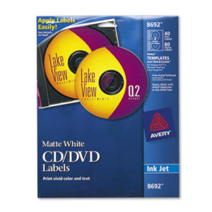 AVERY; CD-ROM; CDs; Computer Printer; Computers; DVDs; Electronic Media; Inkjet Printer; Labels; Matte; Media; Media Label; White; Stickers; Classifications; Identifications; Discs; Duplication; Replication; Burns