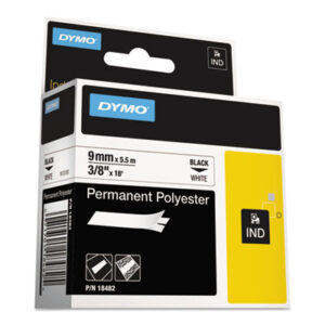 (DYM18482)DYM 18482 – Rhino Permanent Poly Industrial Label Tape, 0.37" x 18 ft, White/Black Print by DYMO (1/EA)