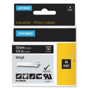 (DYM1805435)DYM 1805435 – Rhino Permanent Vinyl Industrial Label Tape, 0.5" x 18 ft, Black/White Print by DYMO (1/RL)