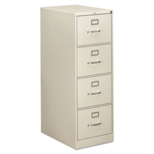 Office Furniture; 26-1/2" Deep; 310 Series; Cabinet; Drawer; File Cabinet; File Cabinets; Four-Drawer; Full-Suspension; Furniture; Legal Size; Light Gray; Metal; Vertical File; Filing; Systems; Receptacles; Organization; Files; Lock; HON