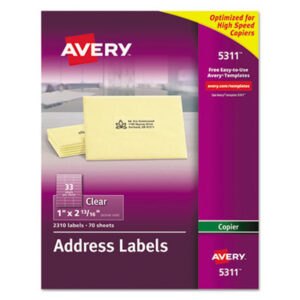 1 x 2-13/16; 70-Sheet Pack; Address; Address Labels; Clear; For Copiers; Label; Labels; Mailing; Postal; Self-Adhesive; Identifications; Classifications; Stickers; Shipping; Receiving; Mailrooms; AVERY