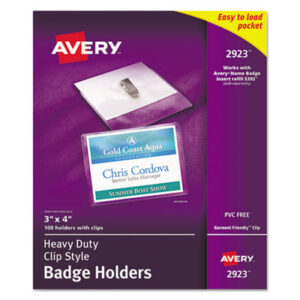 (AVE2923)AVE 2923 – Heavy-Duty Clip-Style Badge Holders, Horizontal, 4 x 3, Clear, 100/Box by AVERY PRODUCTS CORPORATION (100/BX)