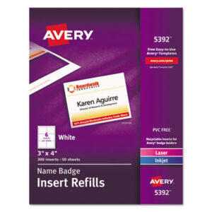 AVERY; Badge; Badge Holder; Convention Badge; Identification; Identification Tag; Inkjet Printer; Label; Laser Printer; Name; Name Badge Holder; Name Badge Inserts; Name Tag; Visitor Badge; White Inserts; Security; Passes; Pass-cards; Tags