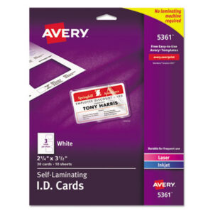 (AVE5361)AVE 5361 – Laminated Laser/Inkjet ID Cards, 2 1/4 x 3 1/2, White, 30/Box by AVERY PRODUCTS CORPORATION (30/BX)