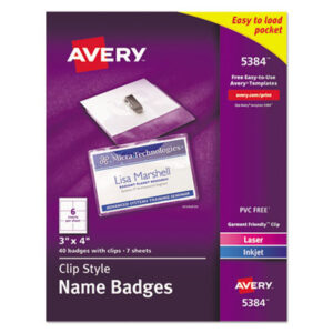 AVERY; Badge Holders; Badges; Clip Style; Convention Badge; Holder; Identification; Identification Tag; Inkjet Printer; Laser Printer; Name; Name Badge Holder; Name Badges; Name Tag; Name Tag Kit; Top Loading; Visitor Badges; White Inserts; Security; Passes; Pass-cards; Tags