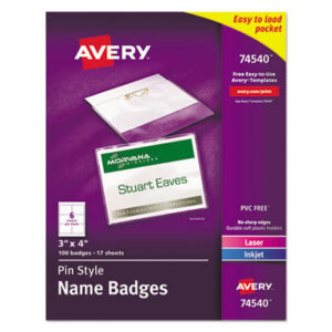 AVERY; Badge Holders; Badges; Convention Badge; Holder; Identification; Identification Tag; Inkjet Printer; Laser Printer; Name; Name Badge Holder; Name Badges; Name Tag; Pin Style; Side-Loading; Visitor Badges; White Inserts; Security; Passes; Pass-cards; Tags