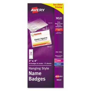 AVERY; Badge Holders; Badges; Convention Badge; Hanging; Holder; Identification; Identification Tag; Inkjet Printer; Laser Printer; Name; Name Badge Holder; Name Badges; Name Tag; Name Tag Kit; Neck-Hanging Style; Visitor Badges; Security; Passes; Pass-cards; Tags