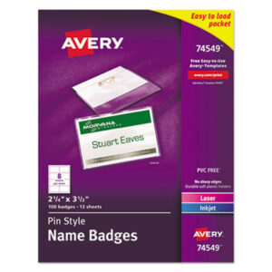 AVERY; Badge Holders; Badges; Convention Badge; Holder; Identification; Identification Tag; Inkjet Printer; Laser Printer; Name; Name Badge Holder; Name Badges; Name Tag; Pin Style; Side-Loading; Visitor Badges; White Inserts; Security; Passes; Pass-cards; Tags