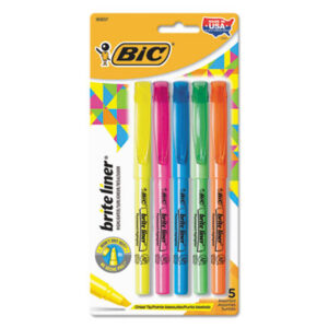 BIC; BriteLiner; Chisel Tip; Five-Color Set; Highlighters; Marker; Pens; Set; Highlighter; Hi-Lighters; Marker; Note-taking; Underscoring; Emphasis; Accentuate; School; Education; Students; Teachers; Hiliters; Hilighters