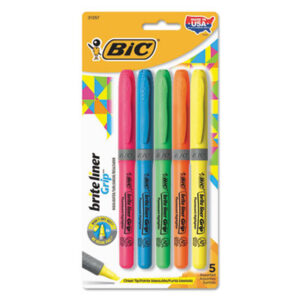 BIC; Brite Liner Grip; Chisel Tip; Five-Color Set; Grip; Highlighters; Marker; Pens; Set; Note-taking; Underscoring; Emphasis; Accentuate; School; Education; Students; Teachers; Hiliters; Hilighters