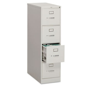 Office Furniture; 26-1/2" Deep; 310 Series; Cabinet; Drawer; File Cabinet; File Cabinets; Four-Drawer; Full-Suspension; Furniture; Letter Size; Light Gray; Metal; Vertical File; Filing; Systems; Receptacles; Organization; Files; Lock; HON