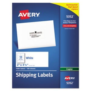 100 Sheets per Box; 2 x 4-1/4; Address; Address Labels; Bulk Pack; Copier; For Copiers; Label; Labels; Mailing; Postal; Self-Adhesive; White; Identifications; Classifications; Stickers; Shipping; Receiving; Mailrooms; AVERY