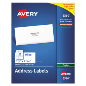 1-1/2 x 2-13/16; 100 Sheets per Box; Address; Address Labels; Bulk Pack; Copier; For Copiers; Label; Labels; Mailing; Postal; Self-Adhesive; White; Identifications; Classifications; Stickers; Shipping; Receiving; Mailrooms; AVERY