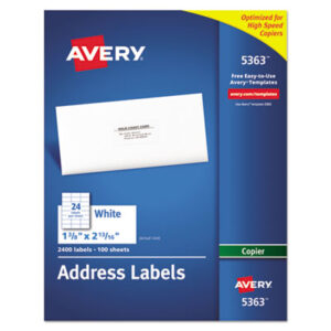 1-3/8 x 2-13/16; 100 Sheets per Box; Address; Address Labels; Bulk Pack; Copier; For Copiers; Label; Labels; Mailing; Postal; Self-Adhesive; White; Identifications; Classifications; Stickers; Shipping; Receiving; Mailrooms; AVERY