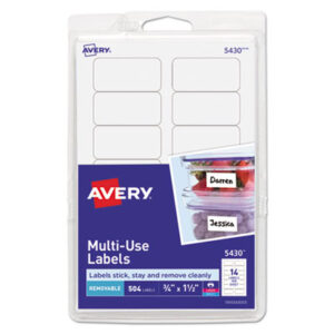 3/4 x 1-1/2; 504 Labels per Pack; All Purpose Labels; All-Purpose; Label; Labels; Multipurpose; Rectangular; Removable; Removable Labels; Self-Adhesive; White; Identifications; Classifications; Stickers; Shipping; Receiving; Mailrooms; AVERY