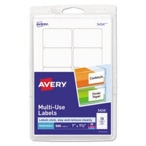 1 x 1-1/2; 500 Labels per Pack; All Purpose Labels; All-Purpose; Label; Labels; Multipurpose; Rectangular; Removable; Removable Labels; Self-Adhesive; White; Identifications; Classifications; Stickers; Shipping; Receiving; Mailrooms; AVERY