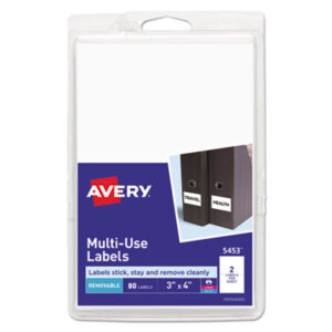 3 x 4; 80 Labels per Pack; All Purpose Labels; All-Purpose; Label; Labels; Multipurpose; Rectangular; Removable; Removable Labels; Self-Adhesive; White; Identifications; Classifications; Stickers; Shipping; Receiving; Mailrooms; AVERY