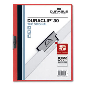 30-Sheet Capacity; Black Clip; Clip-Style; DURABLE; DuraClip; Folder; Letter Size; Punchless; Red; Report; Report Cover; Report Covers; Vinyl; Sleeves; Sheaths; Covering; Jacket; Briefs; Handouts; Proposals; Documents; Resumes; Presentations