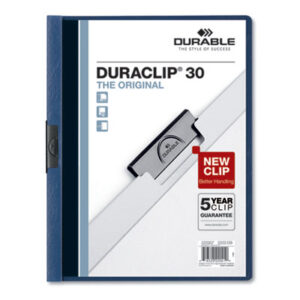 30-Sheet Capacity; Black Clip; Clip-Style; Dark Blue; DURABLE; DuraClip; Folder; Letter Size; Punchless; Report; Report Cover; Report Covers; Vinyl; Sleeves; Sheaths; Covering; Jacket; Briefs; Handouts; Proposals; Documents; Resumes; Presentations