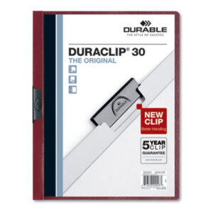 30-Sheet Capacity; Black Clip; Clip-Style; DURABLE; DuraClip; Folder; Letter Size; Maroon; Punchless; Report; Report Cover; Report Covers; Vinyl; Sleeves; Sheaths; Covering; Jacket; Briefs; Handouts; Proposals; Documents; Resumes; Presentations