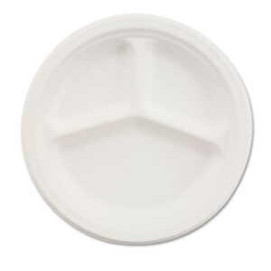 10-1/4" Round; 3-Compartment; Chinet; HUHTAMAKI; Paper Plates; Table-Service; Dishes; Hospitality; Parties; Breakrooms; Kitchens