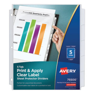 3-Hole Punched; 5-Tab Style; AVERY; Binder Index; Clear Dividers; Clear Tab Labels; Divider; Dividers; Index Maker; Index Tabbed; Indexes; Inkjet Printer; Inkjet Printers; Inkjet/Laser; Laser Printer; Printer/Copier; Protector; Ring Binder Indexes; Sheet; Sheet Protector; Subject Divider; Tab; Tab Divider; Tabs; View Dividers; Sleeves; Transparent; Sheaths; Storage; Filing; Protection