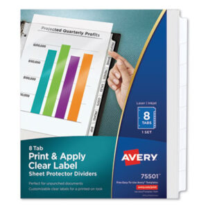 3-Hole Punched; 8-Tab Style; AVERY; Binder Index; Clear Dividers; Clear Tab Labels; Divider; Dividers; Index Maker; Index Tabbed; Indexes; Inkjet Printer; Inkjet Printers; Inkjet/Laser; Laser Printer; Printer/Copier; Protector; Ring Binder Indexes; Sheet; Sheet Protector; Subject Divider; Tab; Tab Divider; Tabs; View Dividers; Sleeves; Transparent; Sheaths; Storage; Filing; Protection