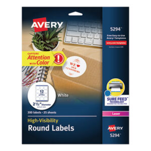 2-1/2" Diameter; All-Purpose; Label; Labels; Laser; Laser Printer; Permanent; Self-Adhesive; White; Specialty; Specialty Labels; Round; Identifications; Classifications; Stickers; Shipping; Receiving; Mailrooms; AVERY