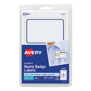 (AVE5151)AVE 5151 – Flexible Adhesive Name Badge Labels, 3.38 x 2.33, White/Blue Border, 40/Pack by AVERY PRODUCTS CORPORATION (40/PK)