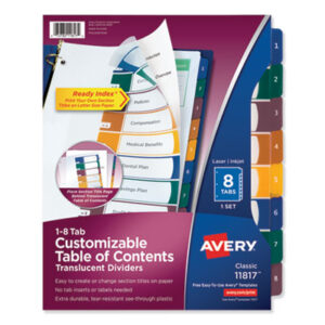 8-Tab; AVERY; Binder Index; Dividers; Index Dividers; Indexes; Ink Jet Printer; Laser Printer; Printer; Ready Index; Ring Binder; Subject Divider; Tab Divider; Table of Contents; Tabs; 8 tab; index dividers; preprinted; eight tab; Recordkeeping; Filing; Systems; Cataloging; Classification