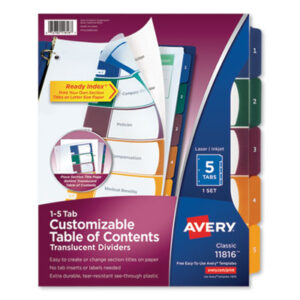 5-Tab; AVERY; Binder Index; Dividers; Index Dividers; Indexes; Ink Jet Printer; Laser Printer; Printer; Ready Index; Ring Binder; Subject Divider; Tab Divider; Table of Contents; Tabs; Tabs; 5 tab; five tab; preprinted; 1-5 Table Titles; Recordkeeping; Filing; Systems; Cataloging; Classification