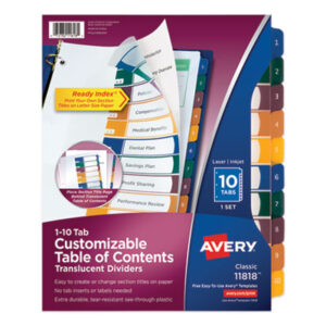 10-Tab; AVERY; Binder Index; Dividers; Index Dividers; Indexes; Ink Jet Printer; Laser Printer; Printer; Ready Index; Ring Binder; Subject Divider; Tab Divider; Table of Contents; Tabs; 10 tab; index dividers; preprinted tabs; Recordkeeping; Filing; Systems; Cataloging; Classification