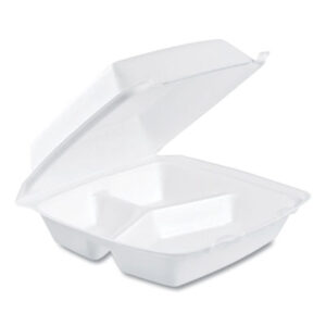 Carryout Container; DART; Foam Hinged Single-Compartment Carryout Containers; Food Service; Foodservice; Hinged Container; To-Gos; Packages; Breakrooms; Kitchens; Restaurants