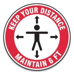 (GN1MFS345ESP)GN1 MFS345ESP – Slip-Gard Social Distance Floor Signs, 12" Circle, "Keep Your Distance Maintain 6 ft", Human/Arrows, Red/White, 25/Pack by ACCUFORM (25/PK)