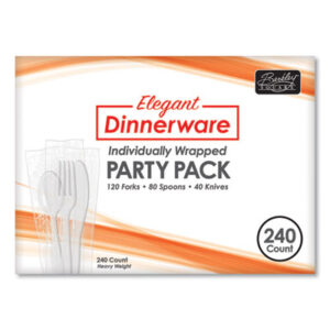 (BSQ90191)BSQ 90191 – Elegant Dinnerware Heavyweight Cutlery Assortment, Individually Wrapped, 120 Forks/80 Spoons/40 Knives, White, 240/Box by BERK ENTERPRISES INC (240/BX)