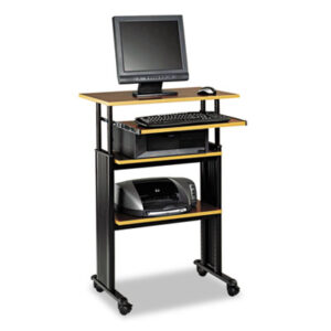 Adjustable Computer Stand; Adjustable Height; Cart; Computer Furniture; Computer Stand; Computer Workstation; Computer/Printer; Furniture; Mobile; SAFCO; Stand; Stand-Up; Workstation; Cherry/Black; Furnishings; Desks; Workspaces; Computer-Stations; Facility; Cubical; Cubes