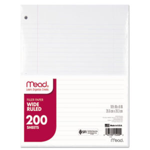 10-1/2 x 8; 16-lb.; 200 Sheets per Pack; Filler; Filler Paper; Looseleaf; MEAD; Notebook; Paper; Punched; Reinforced Filler Paper; Ring Binder Filler; Ring Binder Paper; Three-Hole Punched; White; Wide Rule; Hole-Punched; Ruled; Lined; Papers