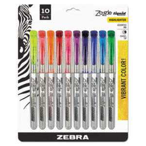 (ZEB71111)ZEB 71111 – Zazzle Liquid Ink Highlighter, Assorted Ink Colors, Chisel Tip, Assorted Barrel Colors, 10/Set by ZEBRA PEN CORP. (10/ST)