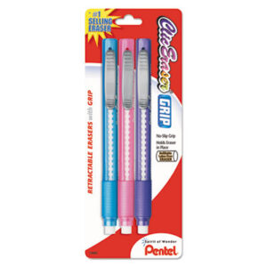 3-Pack; Assorted Barrel Colors; Black Barrel; Blue Barrel; Clic Eraser; Drafting/Drawing; Erasers; Pencil Style; PENTEL; Retractable Eraser; White Eraser; Corrections; Deletions; Rub-out; Expunge; Delete; Remove