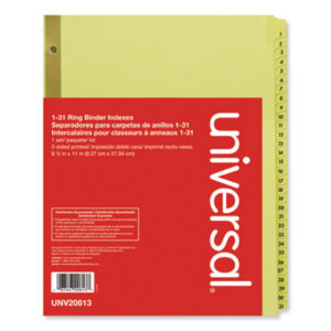 1-31 Tab Titles; 31 Tabs per Set; Binder Index; Daily; Divider; Index Dividers; Indexes; Mylar Reinforced; Numerical; Plastic Coated Tab Dividers; preprinted tabs; Ring Binder Divider; Subject Divider; Tab; Tab Divider; Tabs; Three-Hole Punched; UNIVERSAL; index dividers; preprinted; 31 tab; 1-31 tab title; Recordkeeping; Filing; Systems; Cataloging; Classification; SPR01808